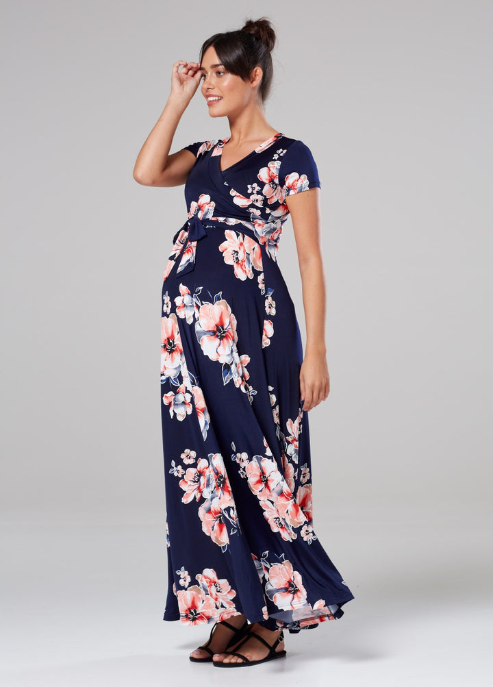 Maternity Nursing Maxi Wrap Dress in Flower Print