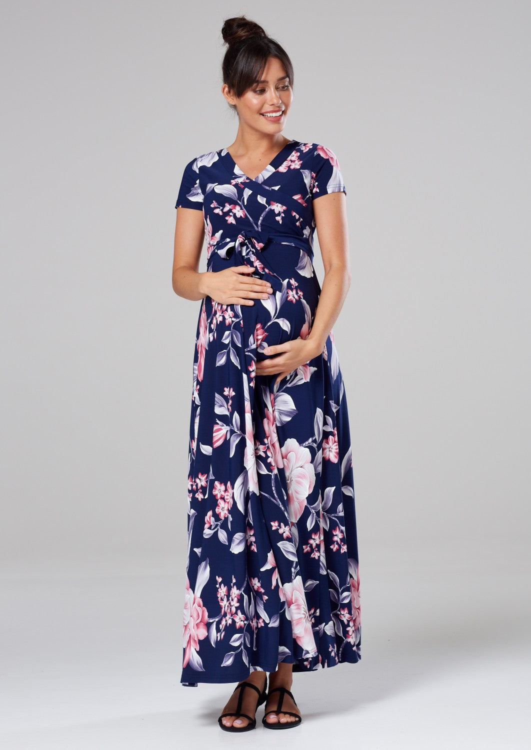 Maternity Nursing Maxi Wrap Dress in Flower Print