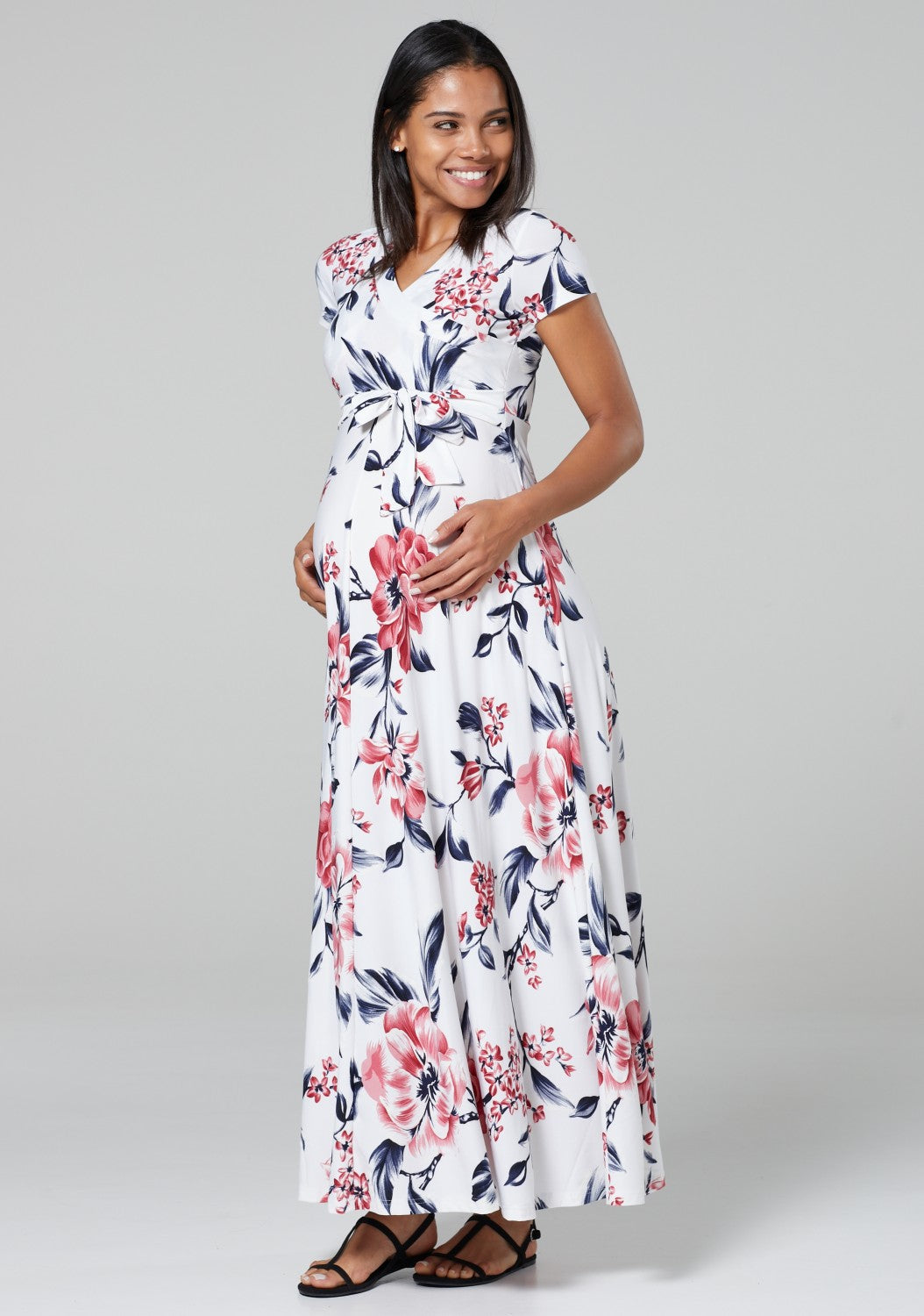 Maternity Nursing Maxi Wrap Dress in Flower Print