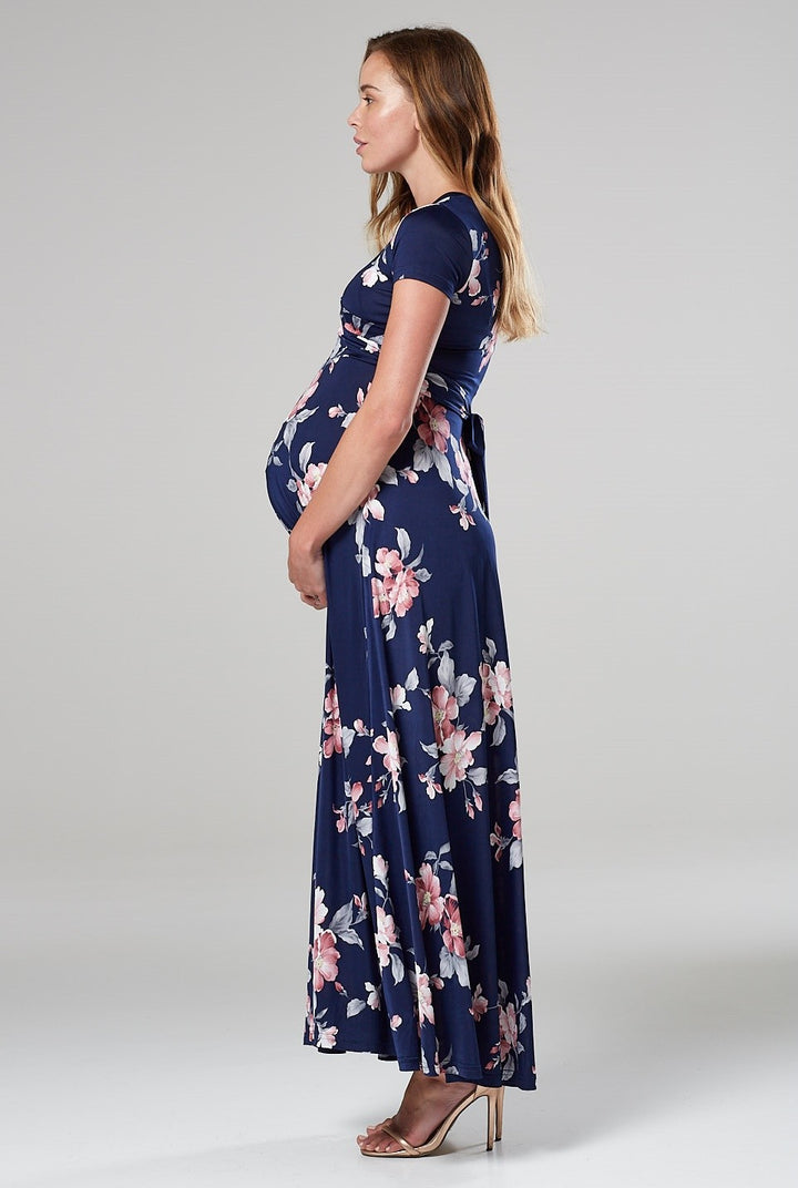 Maternity Nursing Maxi Wrap Dress in Flower Print