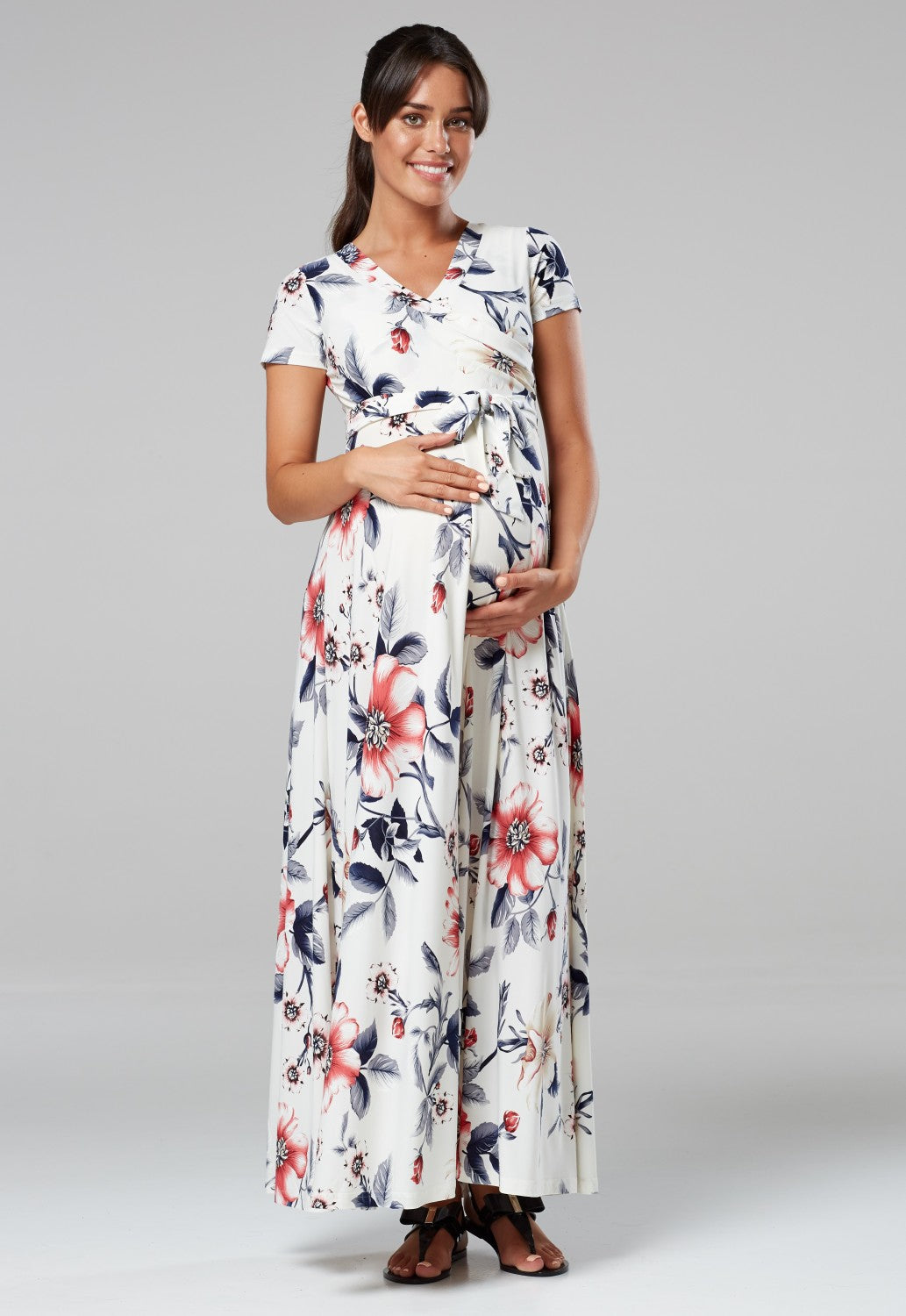 Maternity Nursing Maxi Wrap Dress in Flower Print