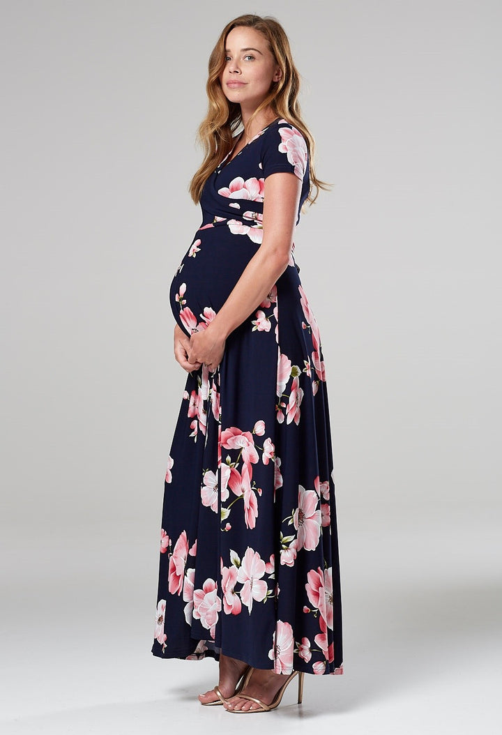 Maternity Nursing Maxi Wrap Dress in Flower Print