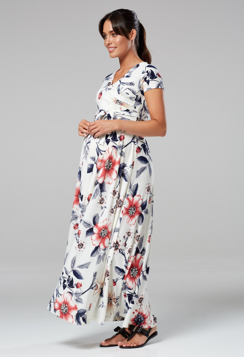 Maternity Nursing Maxi Wrap Dress in Flower Print