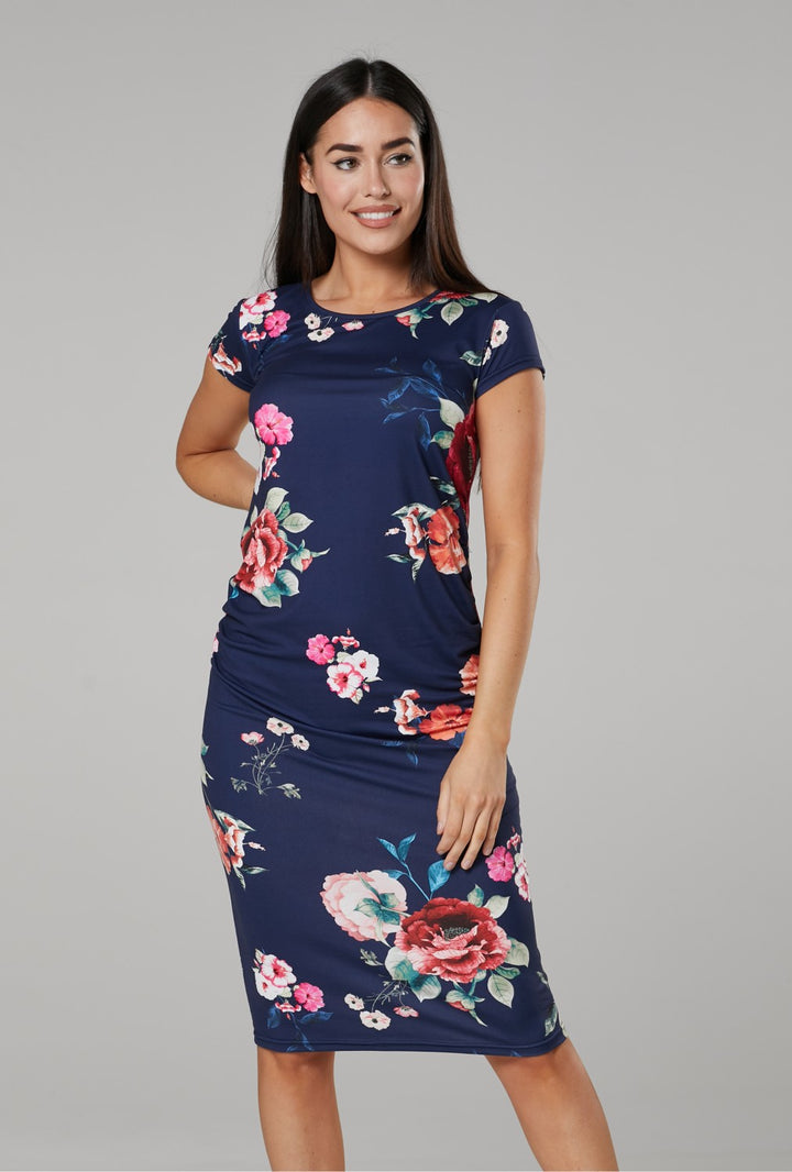 Maternity Bodycon Midi Dress with Flower Print