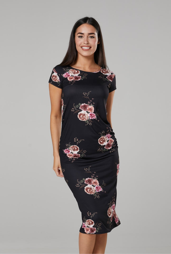 Maternity Bodycon Midi Dress with Flower Print