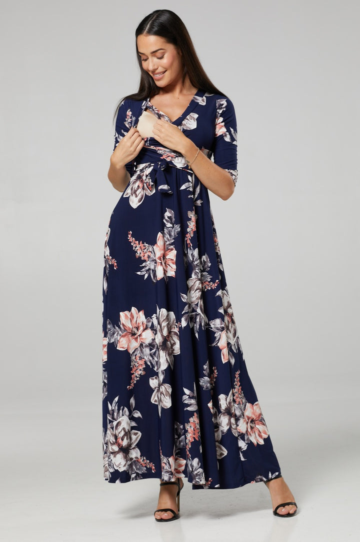 Maternity & Nursing Wrap Maxi Dress in Flower Print