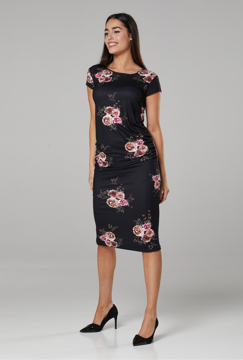 Maternity Bodycon Midi Dress with Flower Print