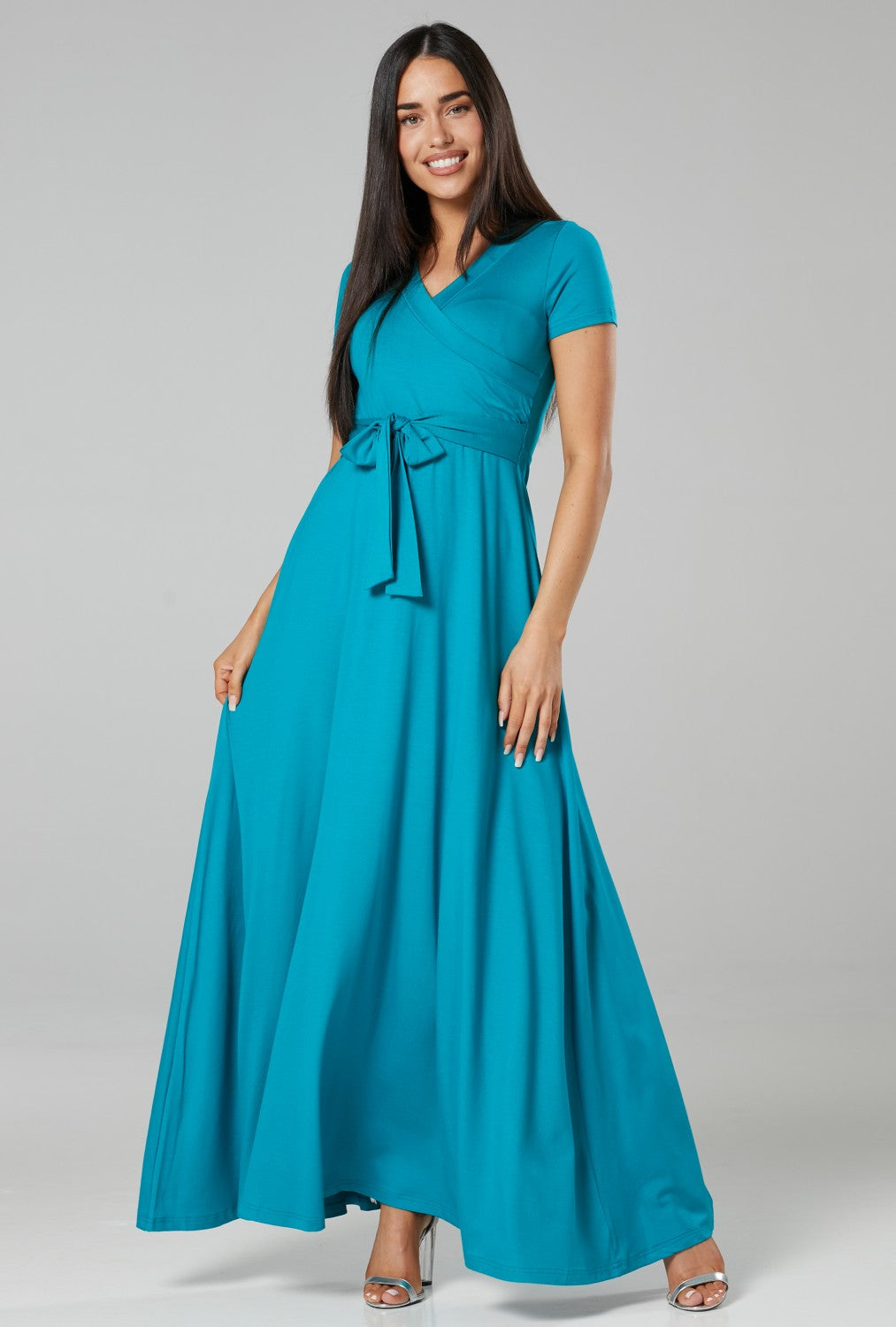 Maternity Nursing Maxi Wrap Dress Short Sleeve