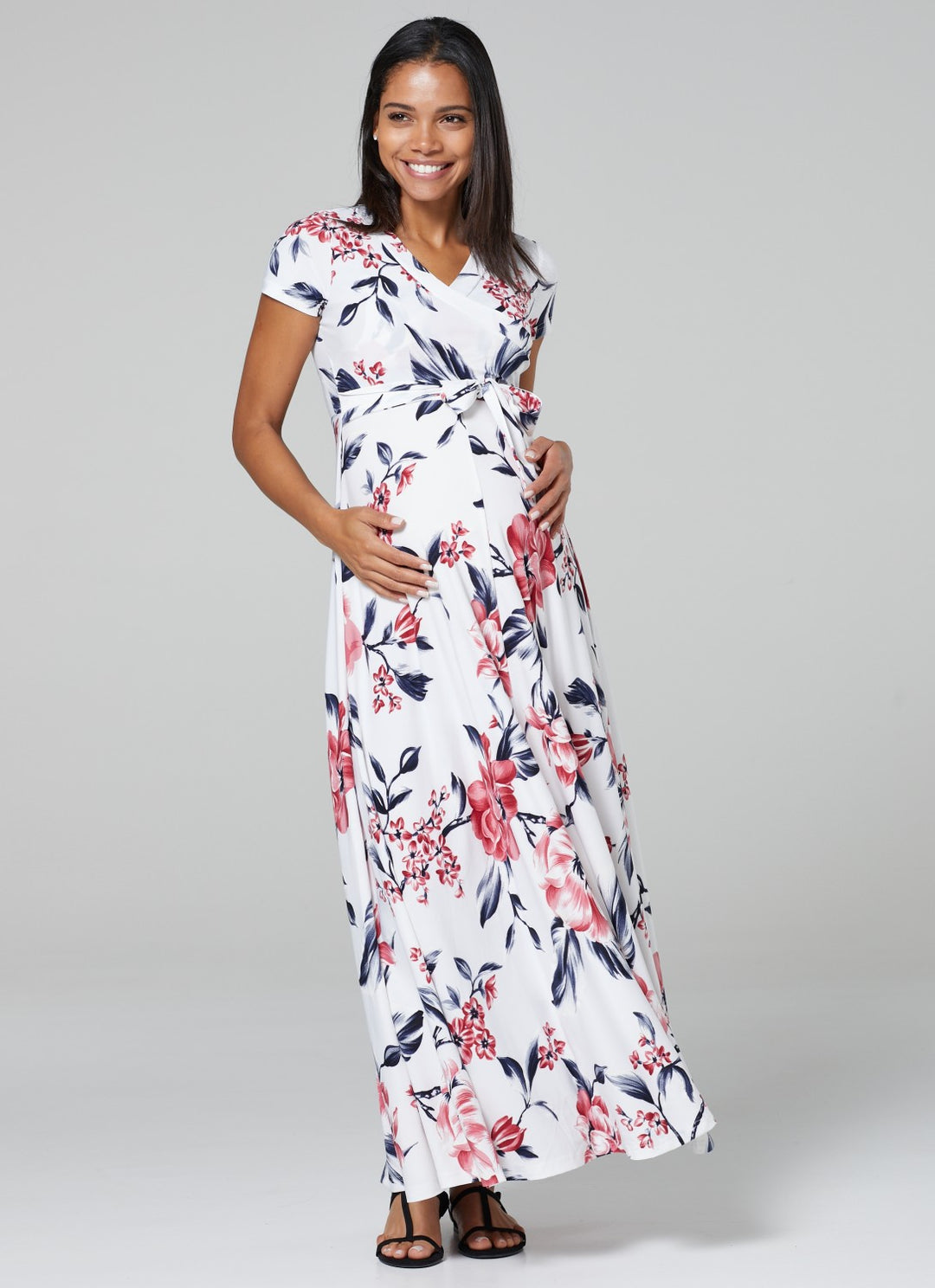 Maternity Nursing Maxi Wrap Dress in Flower Print