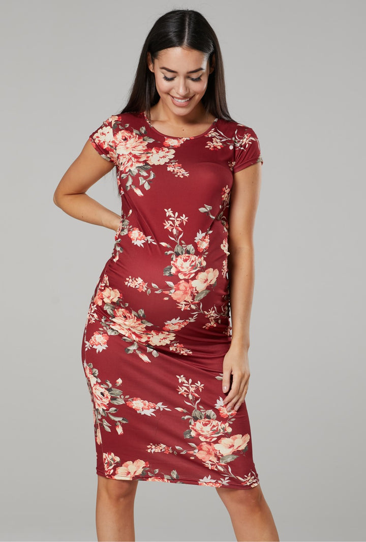 Maternity Bodycon Midi Dress with Flower Print