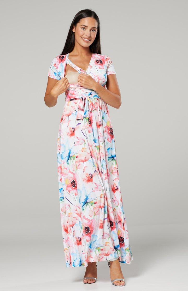 Maternity Nursing Maxi Wrap Dress in Flower Print