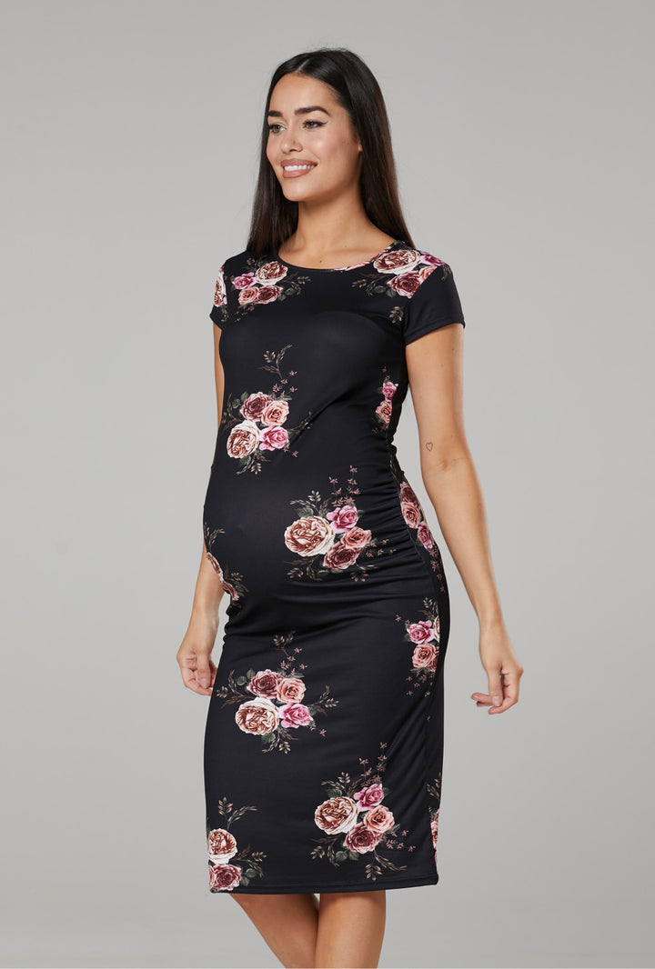 Maternity Bodycon Midi Dress with Flower Print