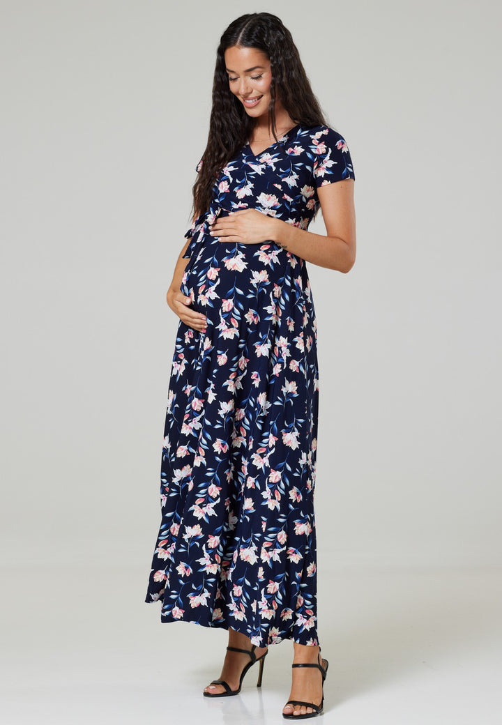 Maternity Nursing Maxi Wrap Dress Short Sleeve